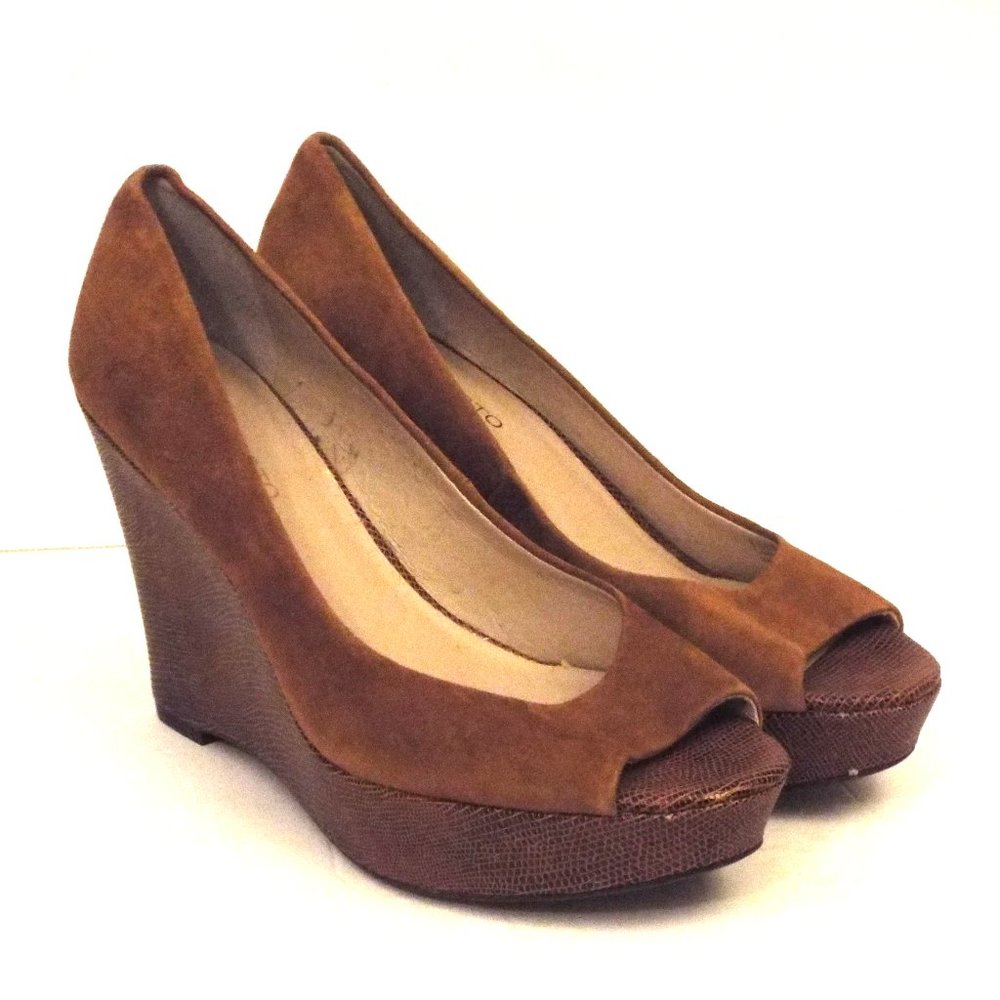 Pre-Owned Franco Sarto Women’s Sz 9 ½ M Brown Suede Open Toe Wedge Platform Heel